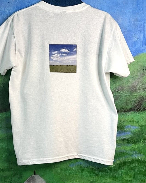 White t-shirt with a printed landscape on a grassy and blue background